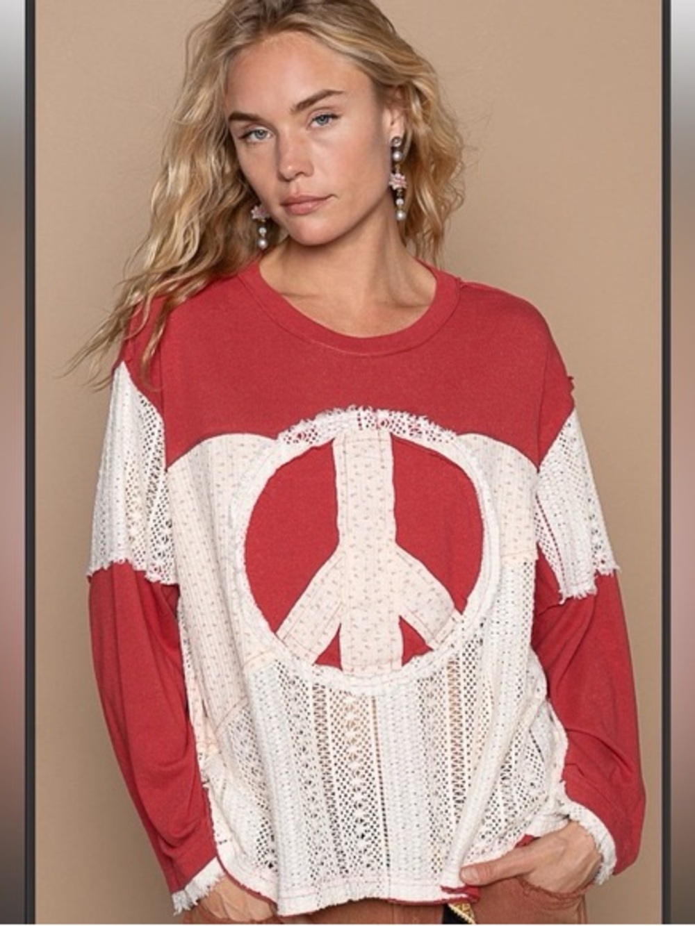 POL Red Long-Sleeve with Cream Crochet Peace Motif— brand new, never worn small